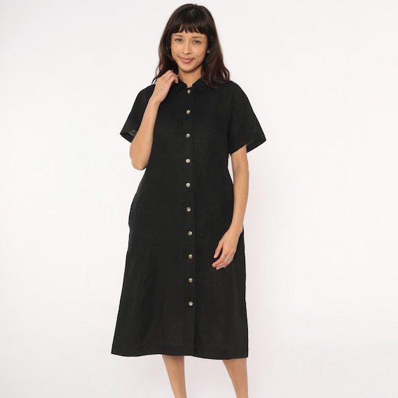 90s Black Shirt Dress Button Front Collared Short Sleeve Linen Minimalist Dark Academia Vintage Classic Professional Grunge Gothic Large L