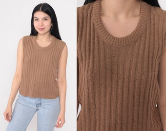 Cocoa Brown Sweater Vest 80s Ribbed Knit Tank Top Retro Sleeveless Scoop Neck Pullover Basic Plain Layering Acrylic Vintage 1980s Medium M