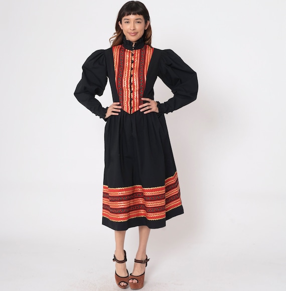 70s Folk Dress Black Floral Embroidered Leg Of Mutton Sleeve Dress Metallic Gold Ric Rac Trim Boho Long Sleeve Bib Vintage 1970s Small S