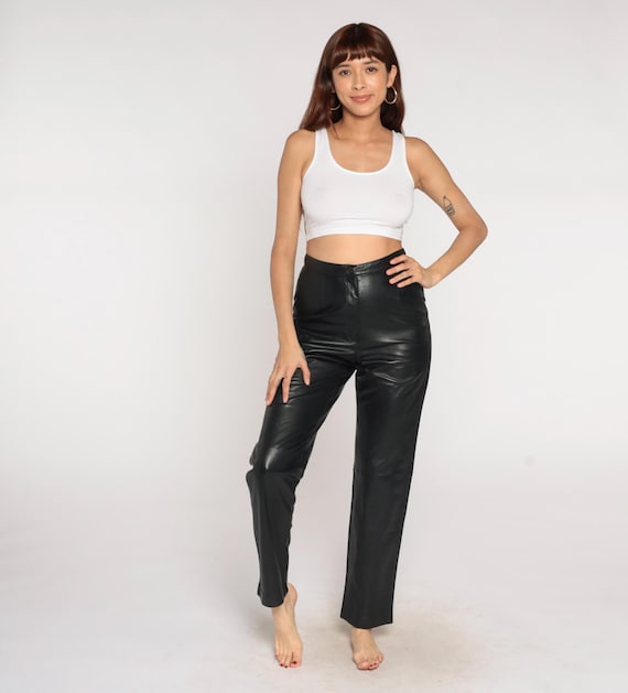 Black Leather Pants 90s High Waisted Straight Leg Minimalist Vintage Trouser Button Front Sleek Biker Motorcycle Classic Relaxed Fit Small S