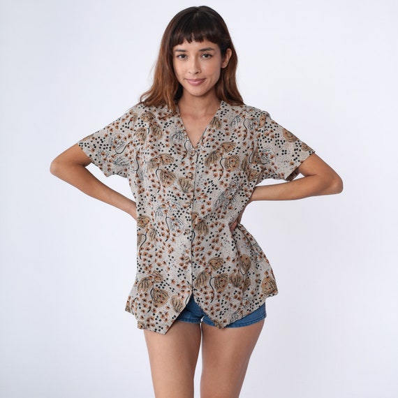 Grey Floral Blouse 90s Abstract Tree Print Button Up Shirt Retro Top V Neck Flower Print Preppy Short Sleeve Vintage 1990s Large L