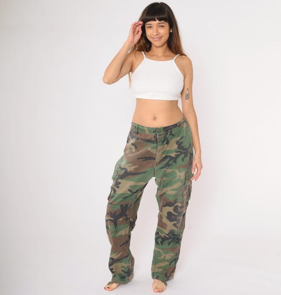 Camo Army Pants 90s Cargo Pants Military Combat Olive Green Camouflage Drawstring Ankle Vintage 1990s Extra Large xl Regular R