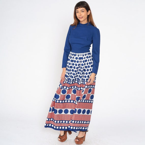 70s Maxi Dress Mod Geometric Circle Print Bohemian 1970s High Waisted Mock Neck Boho Long Sleeve Vintage Polka Dot Blue Red White Small