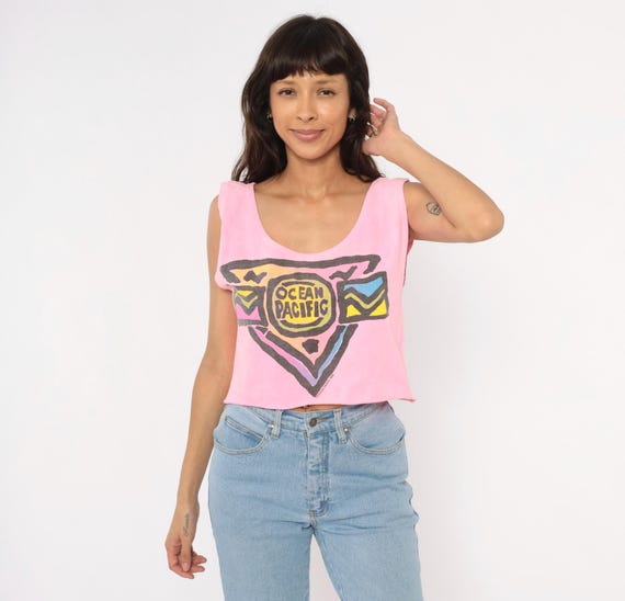 Ocean Pacific Crop Top 90s Neon Pink Tank Surf Brand Sleeveless Cotton Tee Beach Summer Bubblegum Hot Rose Cropped Shirt Vintage Small S