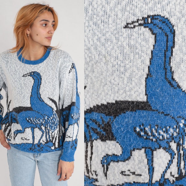 80s Bird Sweater Flamingo Knit Pullover Sweater Jacquard Retro Blue Crewneck Jumper Statement Vintage 1980s Ostrich Extra Large xl