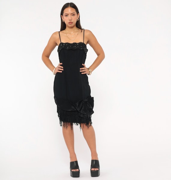 Distressed Alt 90s Mini Black Dress Slip Black Fringe Hem Satin Cocktail Party Evening Going Out Club Rockstar Gf Vintage Extra Small XS