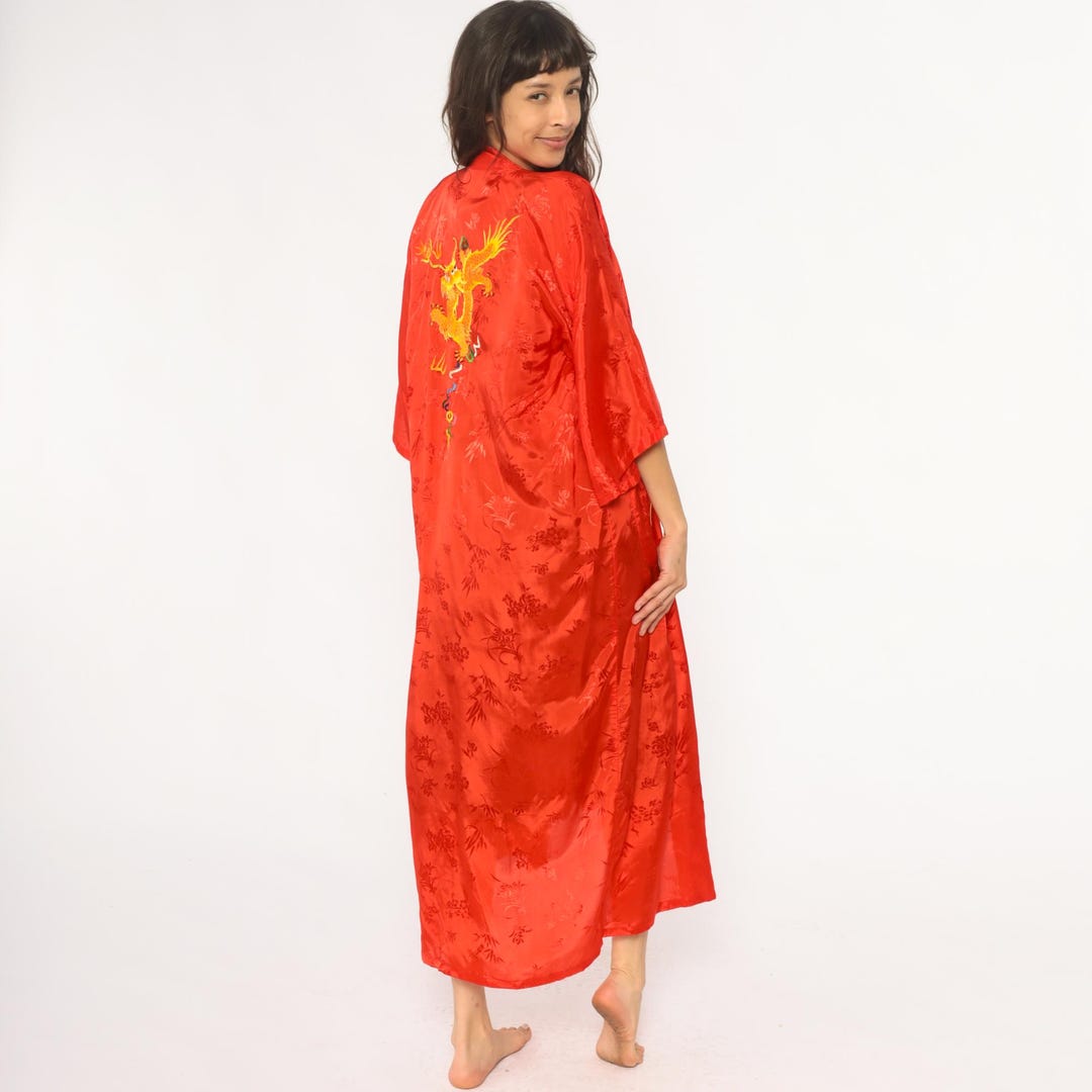 Dragon Kimono Robe Jacket Asian Robe Dressing Gown Long Red Satin ...