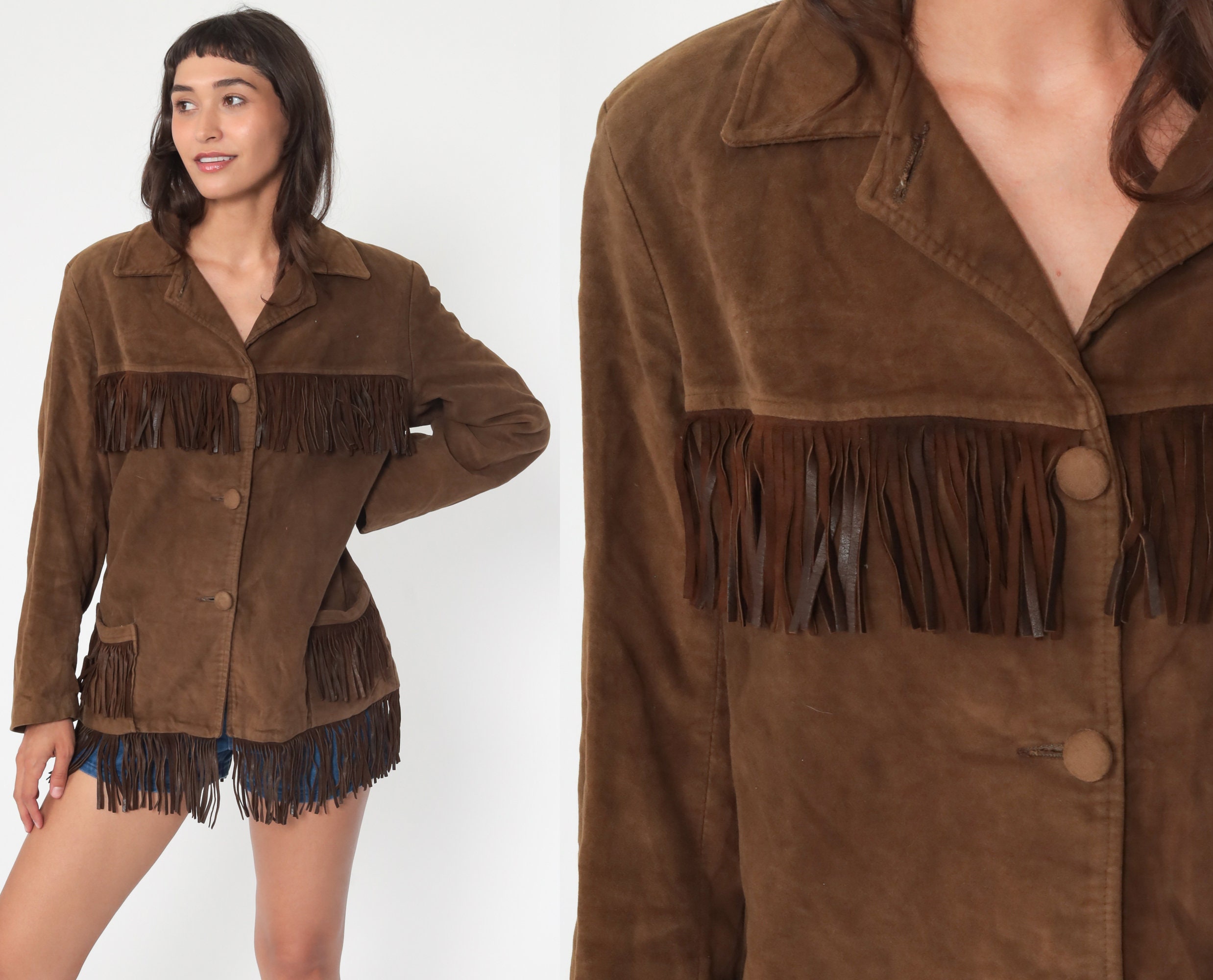 70s Fringe Jacket Faux SUEDE Brown Jacket Western 1970s Southwest Boho Hippie Coat Vintage 