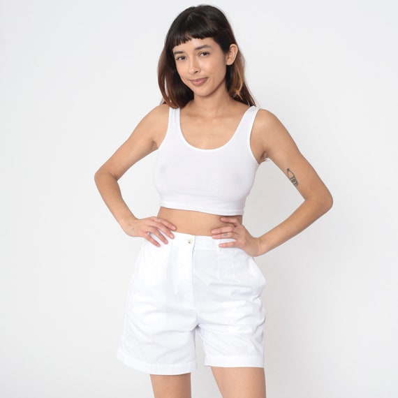 90s Trouser Shorts Pure White Pleated Preppy Shorts High Waisted Cotton Blend Summer Bottoms High Waist Vintage 1990s Medium 8 Petite