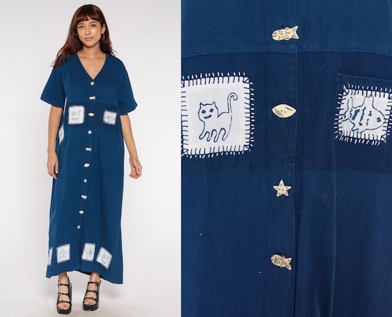 Novelty Cat Dress Y2K Navy Blue Fish Star Caftan Button Front V Neck Maxi Cotton Lounge Housedress Oversized Long Kaftan XL Extra Large