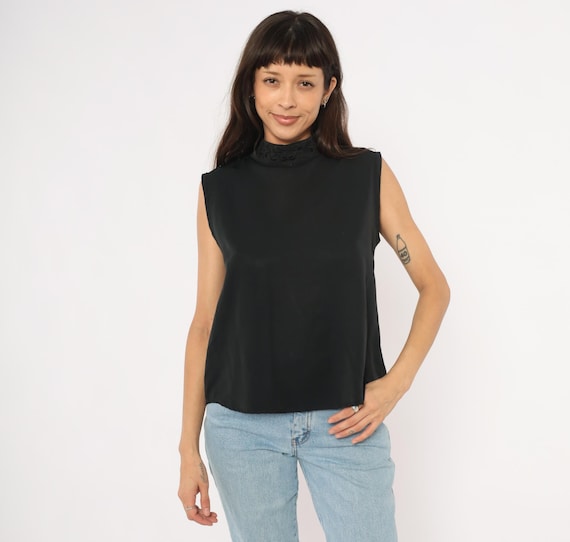 90s Mock Neck Blouse Black Embroidered Collar Sleeveless Shell Top Closure Shirt Dark Minimal Office Goth Elegant Classy Vintage Medium M