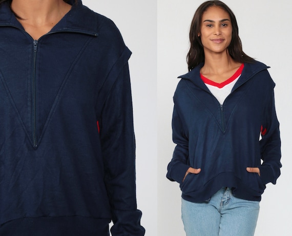 Half Zip Sweatshirt 80s ATTACHED Mesh Ringer V NECK Collared Pullover Navy Blue Red White Gym 1980s Sportswear Vintage Retro Medium Large