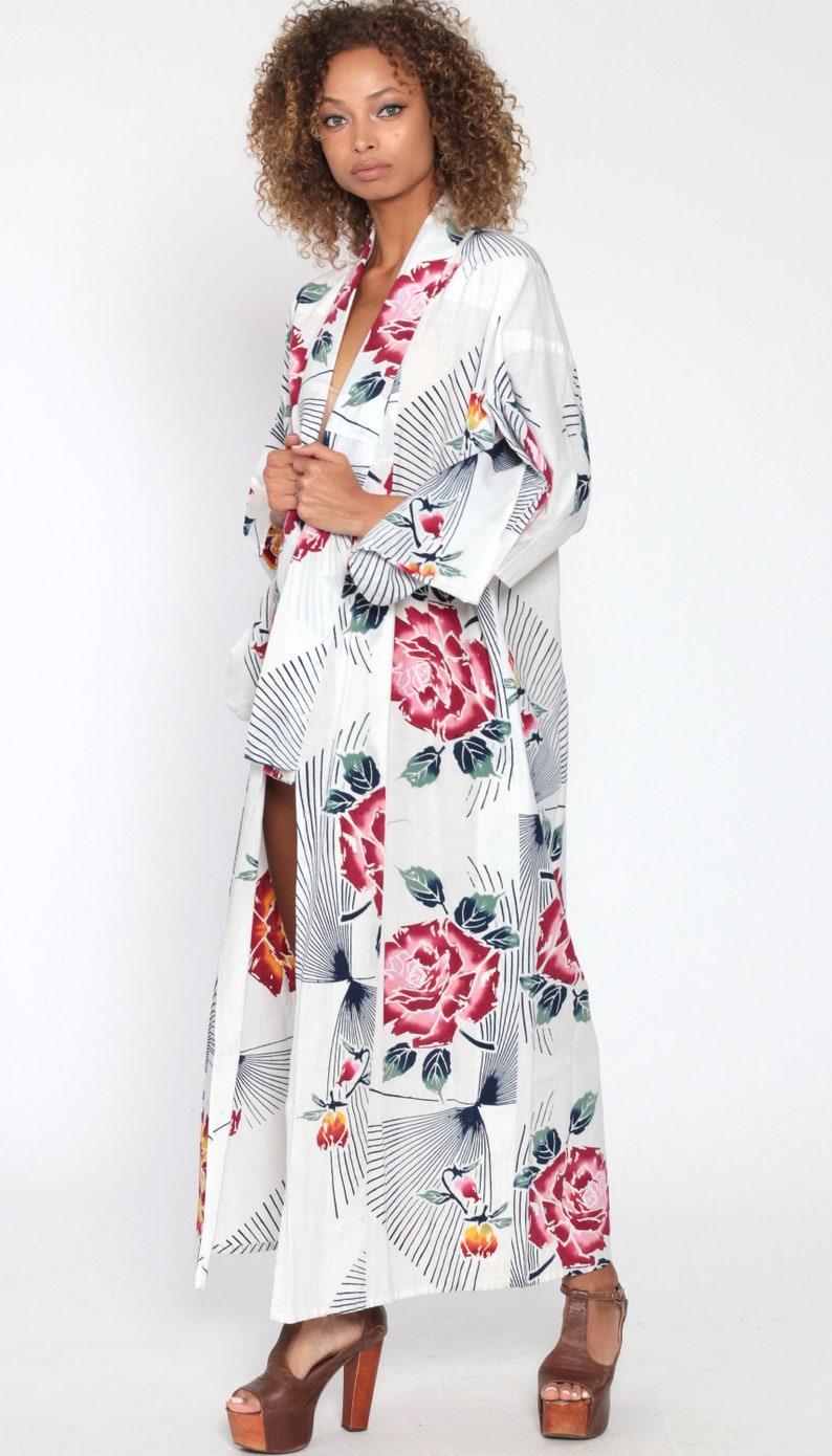 Floral Kimono Robe Cotton Dressing Gown Maxi Robe White Sleeve Bohemian Lingerie Jacket Long Wrap Vintage Boho Hippie Small Medium Large