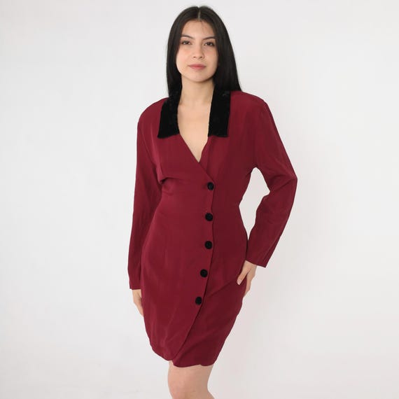 Vintage Burgundy Mini Dress 90s Velvet Collar Asymmetrical Button Up Sheath Dress Long Sleeve Dress Going Out Fitted Retro 1990s Small 5