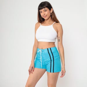 90s Turquoise Board Shorts Striped Nylon Swim Trunks Blue Swim Shorts Beach Bathing Suit Retro Surfer Lace Up Waist Vintage 1990s Small S