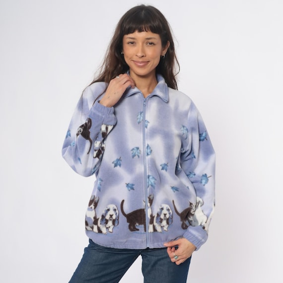 Y2K Puppy Print Kitten Fleece Jacket Blue Floral Dog Cat Animal Full Zip Vintage Novelty Kawaii Soft Cozy Long Sleeve Medium Large M L