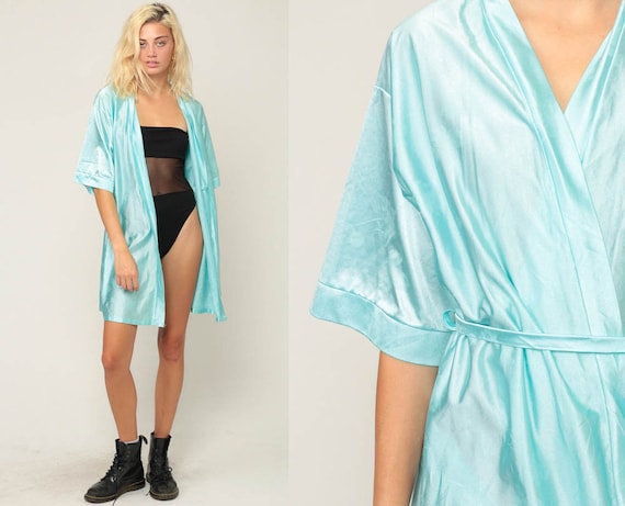 Floral Kimono Robe Jacket 80s Bohemian Lingerie Silky Mini Dressing Gown Wrap Blue Vintage 70s Boho Hippie Small
