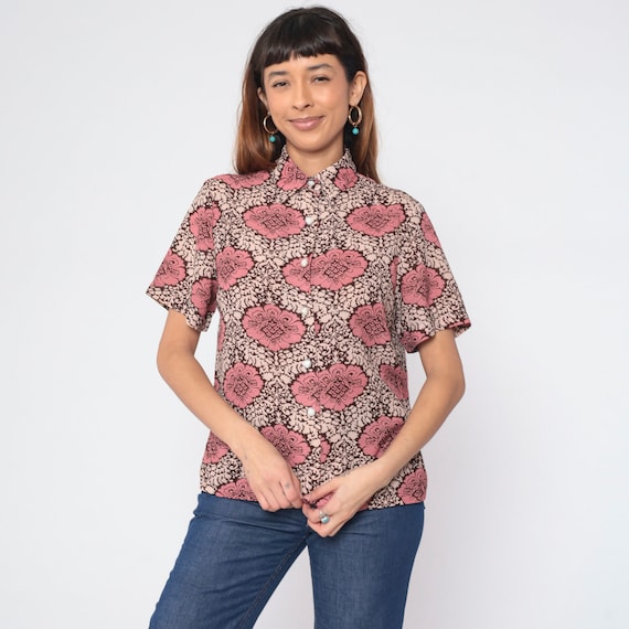 Floral Blouse 90s Button Up Shirt Brown Pink Cream Flower Print Short Sleeve Collared Top Hippie Psychedelic Summer Vintage 1990s Medium M