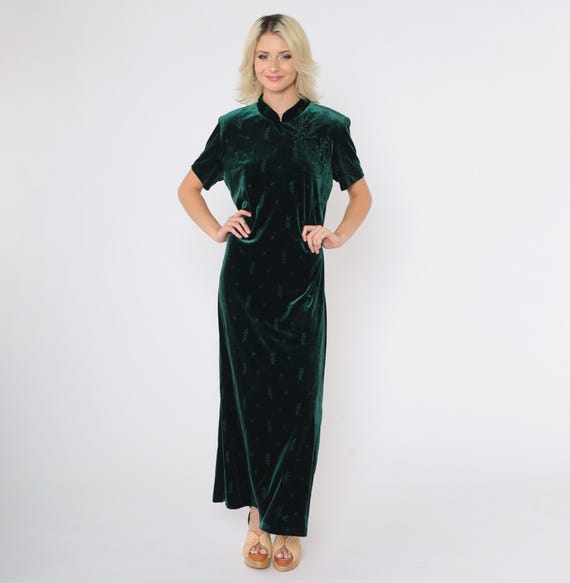 Vintage Velvet Cheongsam Dress 90s Green Embroidered Floral Maxi Evening Mandarin Collar 1990s Asian Inspired Sheath Short Sleeve Size 16 XL