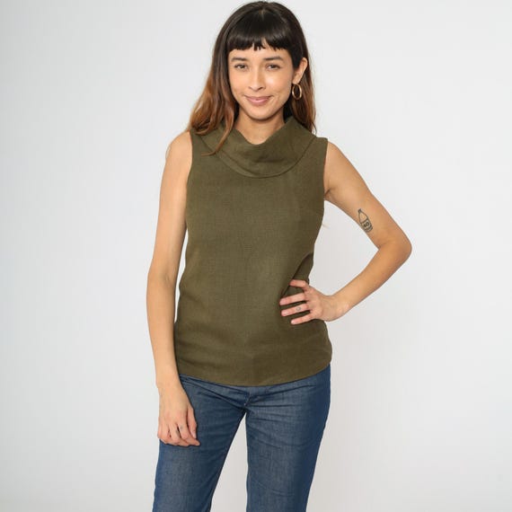 60s Olive Brown Mod Tank Top Vintage Cowl Collar Sleeveless Shirt Retro Blouse Plain Simple 1960s Mid Century Mad Men Extra Small xs