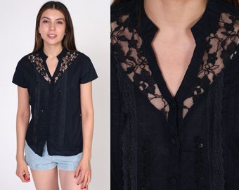 Black Lace Blouse Y2K Beaded Sequin Top Button Up Shirt Party Going Out Illusion Neckline Short Sleeve Sequined Vintage 00s Small S