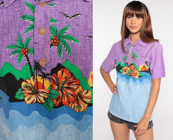 Hawaiian Shirt Tropical Shirt 70s PALM TREE Blouse Floral Shirt Button Up Shirt 1970s Vacation Top Beach Color Block Blue Purple Medium