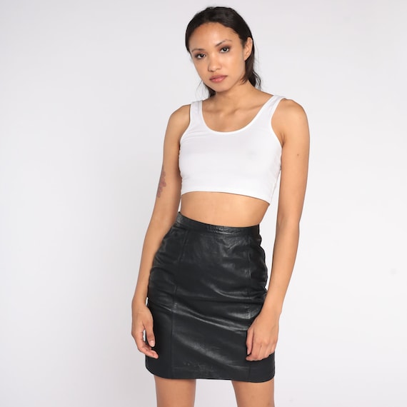 Black Leather Pencil Skirt 90s Mini Skirt Boho Bodycon Wiggle Skirt Party Goth Punk High Waisted Retro Tight Vintage 1990s Extra Small XS