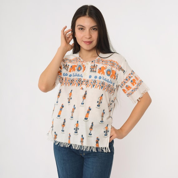 Vintage Thailand Souvenir Shirt Y2K White Cotton Top Elephant Print Fringe Hem 2000s Chiang Mai Tourist Tee Button Up Boxy Fit Small