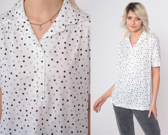 Polka Dot Blouse 70s Button Up Collared Shirt Whi… - image 1