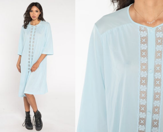 70s Robe Dress Baby Blue Midi Nightgown Retro Lounge Pajama Sleep Dress Pastel Nightie Button up Loungewear Vintage 1970s Extra Large L XL