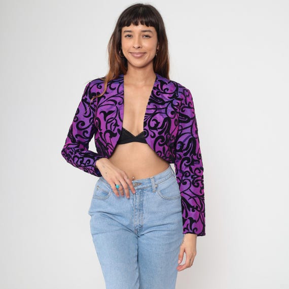 Vintage 80s Taffeta Bolero Jacket Iridescent Purple Black Velvet Flocked Scroll Print Cropped Evening Blazer Puff Sleeve 1980s Medium M