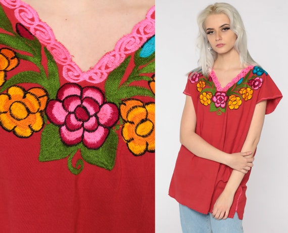 Red Embroidered Blouse Floral MEXICAN Cotton Tunic Top Boho Hippie Bohemian Vintage Tent Shirt Festival Large