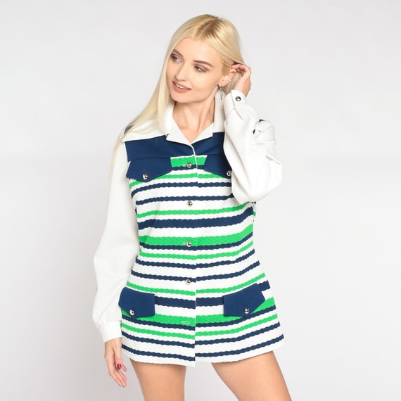Dagger Collar Shirt 70s Button up Blouse Striped Mod Top Collar White Blue Green Long Sleeve Retro Disco Shirt Vintage 1970s Medium Large