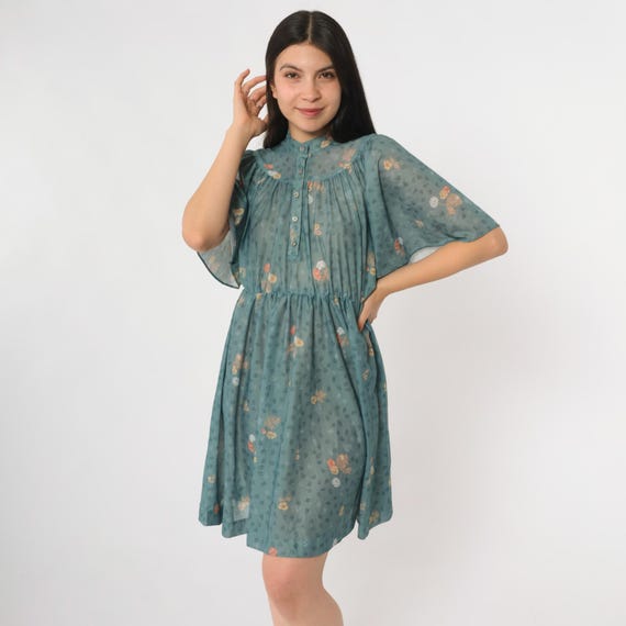 70s Floral Mini Dress Teal Green Sheer Button Front High Neck Elastic Waist Vintage Day Party Romantic Cottagecore Sundress Small Medium