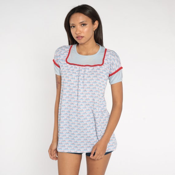 70s Bicycle Shirt Longline Babydoll Top Graphic Bike Tee Vintage Retro T Shirt Kawaii Yoke Tshirt Red White Baby Blue Blouse Extra Small xs