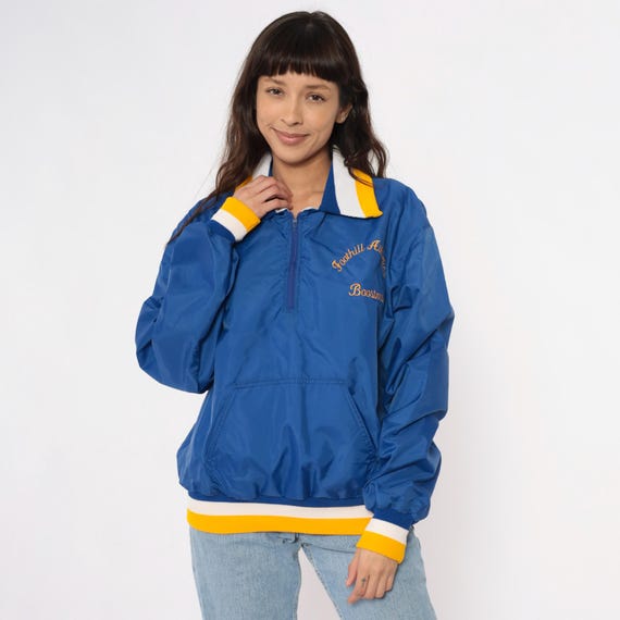 90s Blue Windbreaker Half Zip Pullover Athletic Jacket Embroidered Striped Trim Gorpcore Sporty Track Vintage Collegiate Preppy Medium M