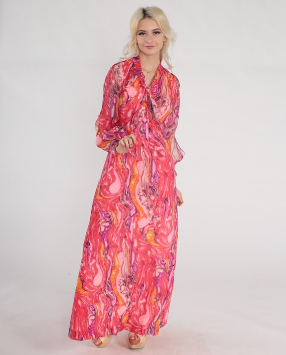 70s Maxi Dress Pink Marble Print Dress Retro Psychedelic Gown Long Sleeve High Waist Neck Tie Purple Orange Vintage 1970s Keyhole Small S