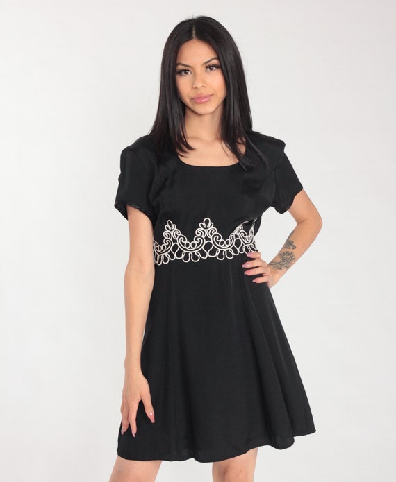 Black Party Dress 90s Soutache Trim Mini Dress Short Sleeve Shift Retro Gothic Glam Simple Evening Goth Lacy Formal Vintage 1990s Medium M