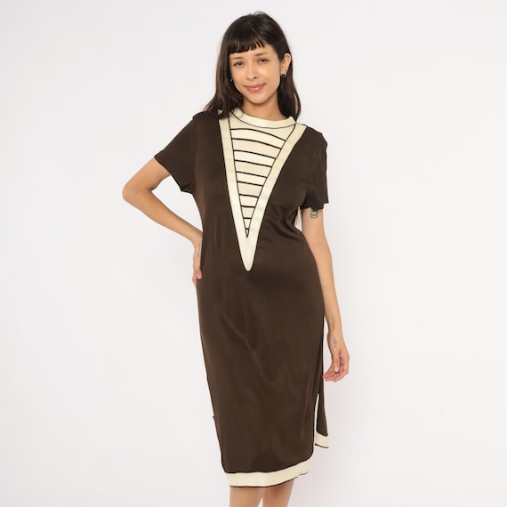 60s Mod Shift Dress Brown Cream Striped V Panel Short Sleeve Chocolate Geometric Contrast Trim Slit Back Zip Space Age Vintage Large L