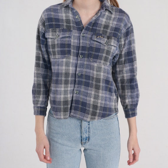 Blue Flannel Shirt 90s Plaid Button up Shirt Retr… - image 7