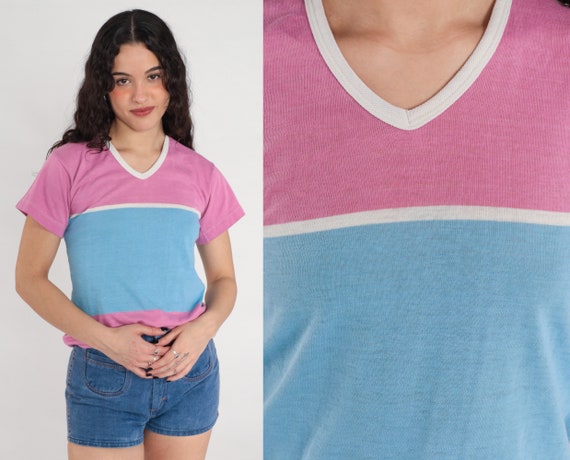 80s Ringer Tee Pink Blue Color Block T Shirt TShirt Striped Top V Neck Shirt Athletic Shirt Vintage 1980s Small