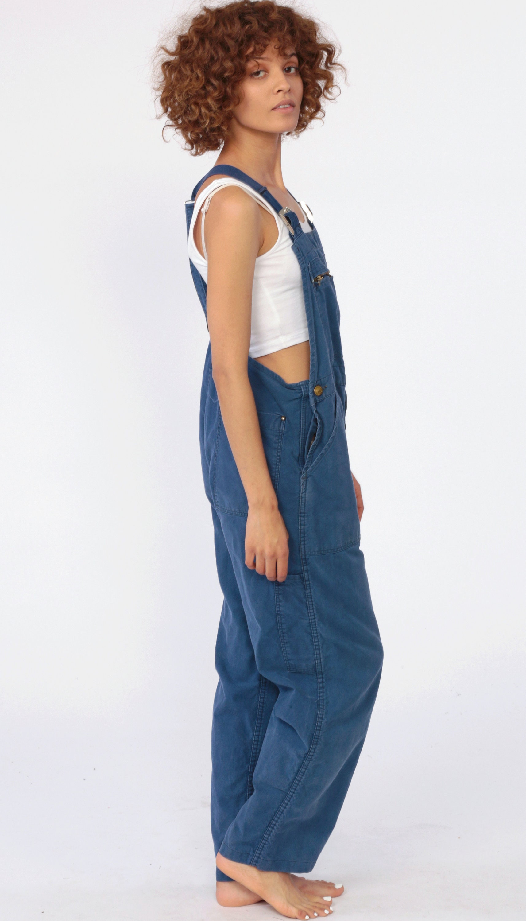Blue Cotton Overalls -- 90s Workwear Baggy Bib Overall Pants Work Wear Long Straight Leg 1990s