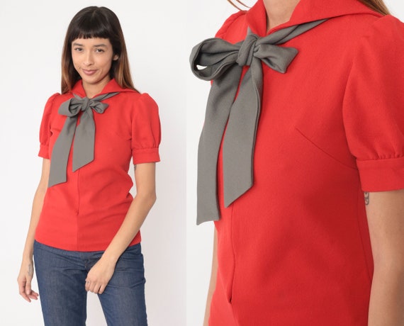 70s Sailor Collar Top Red Ascot Blouse Puff Sleeve Necktie Shirt Retro Mod Grey Pussy Bow Top Vintage 1970s Tie Neck Top Front Zip Small S