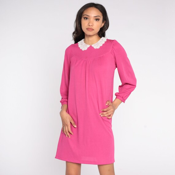 Pink Mini Dress 80s Lace Collar Tent Dress Long S… - image 3