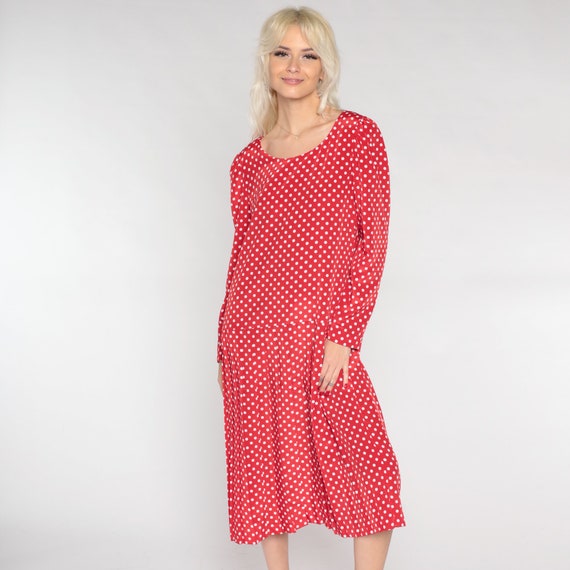 Polka Dot Dress 90s Red Midi Dress Long Sleeve Lo… - image 4