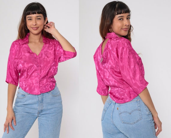 Fuchsia Floral Shirt 80s Keyhole Back Blouse Hot Pink Satin Embossed 1/2 Sleeve Blouse Peekaboo Cutout Top Button Up 1980s Vintage Medium