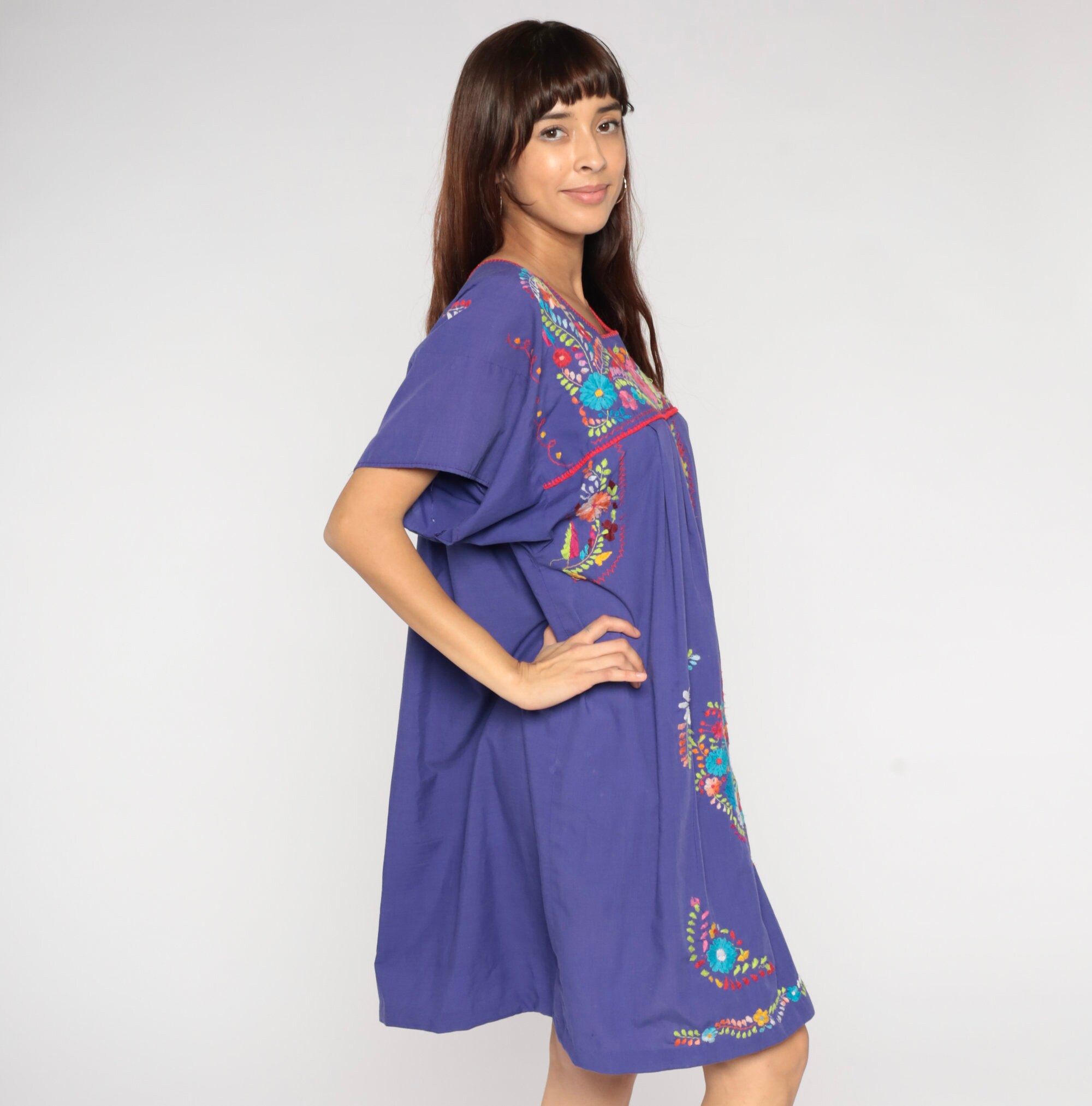 Mexican Embroidered Dress Purple Mini Dress Boho Cotton Hippie Floral