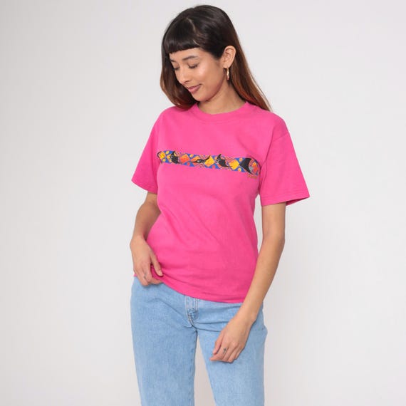 Manta Ray T-Shirt 90s Hot Pink Ocean Graphic Stripe Stingray Sea Cotton Tee Tropical Fish Print Beach Vacation Surf Neon Small S