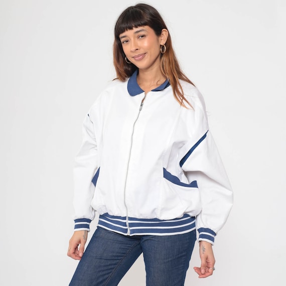 White Striped Windbreaker Jacket 80s Zip Up Jacket Dark Blue Stripes Full Zipper Track Jacket Vintage 1980s Oversized Extra Large xl