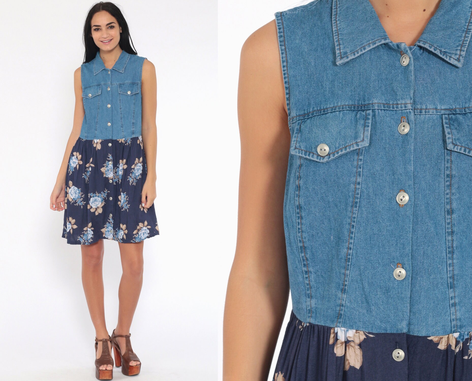 Floral Denim Dress 90s Mini Jean Grunge Dress Vintage Summer 1990s Button Up High Waist Ditsy 